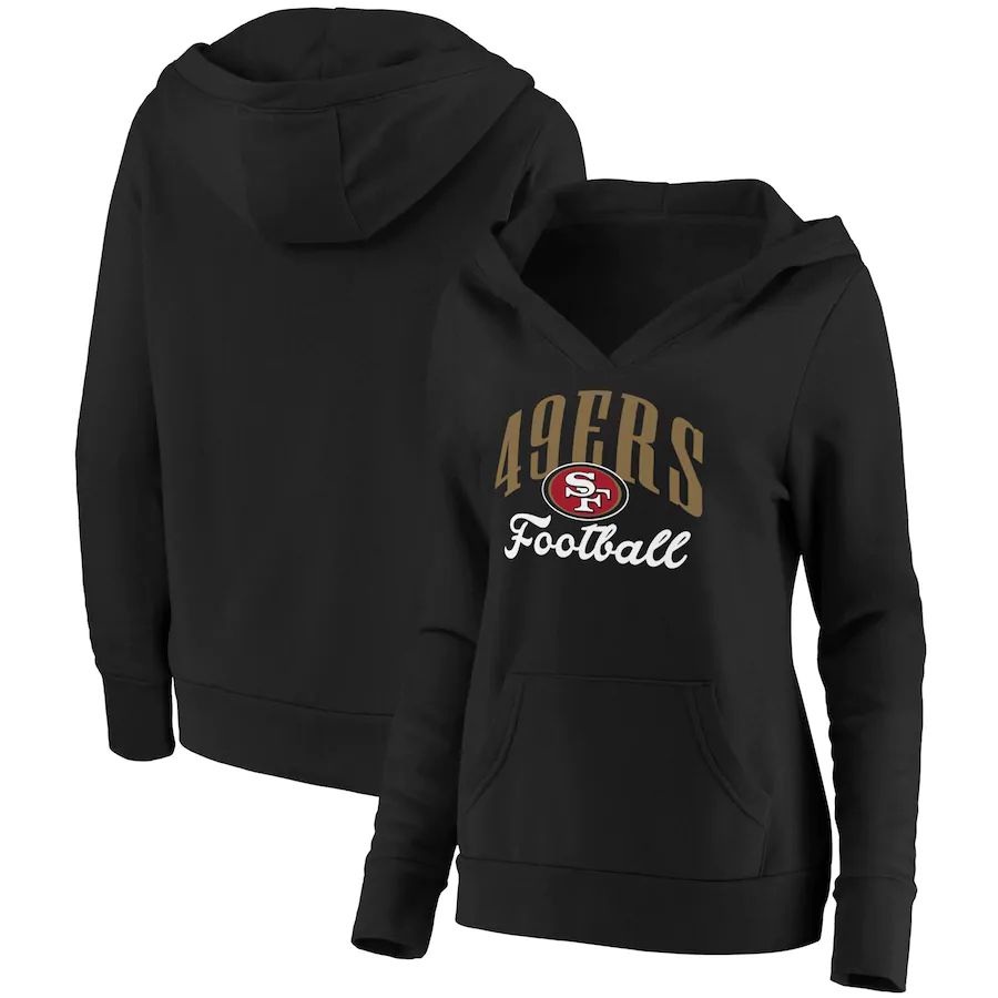Women San Francisco 49ers NFL Pro Line by Fanatics Branded Black Victory Script Crossover Pullover V-Neck Hoodie->women nfl jersey->Women Jersey